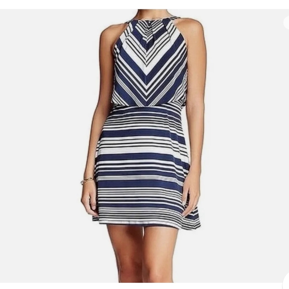 Jessica Simpson Halter Blouson Dress Womens Size 8 Blue White Stripes Mini Flowy